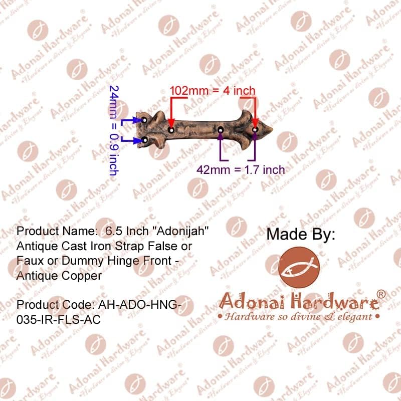 Image of Adonai Hardware inchAdonijah inch Antique Cast Iron Strap False or Faux or Dummy Hinge Front (6.5 inch x 4 Pack, Antique Copper) for Barn Doors, Gates, Cabinets, Wooden Box, Furniture, Chest, Trunks and Sheds