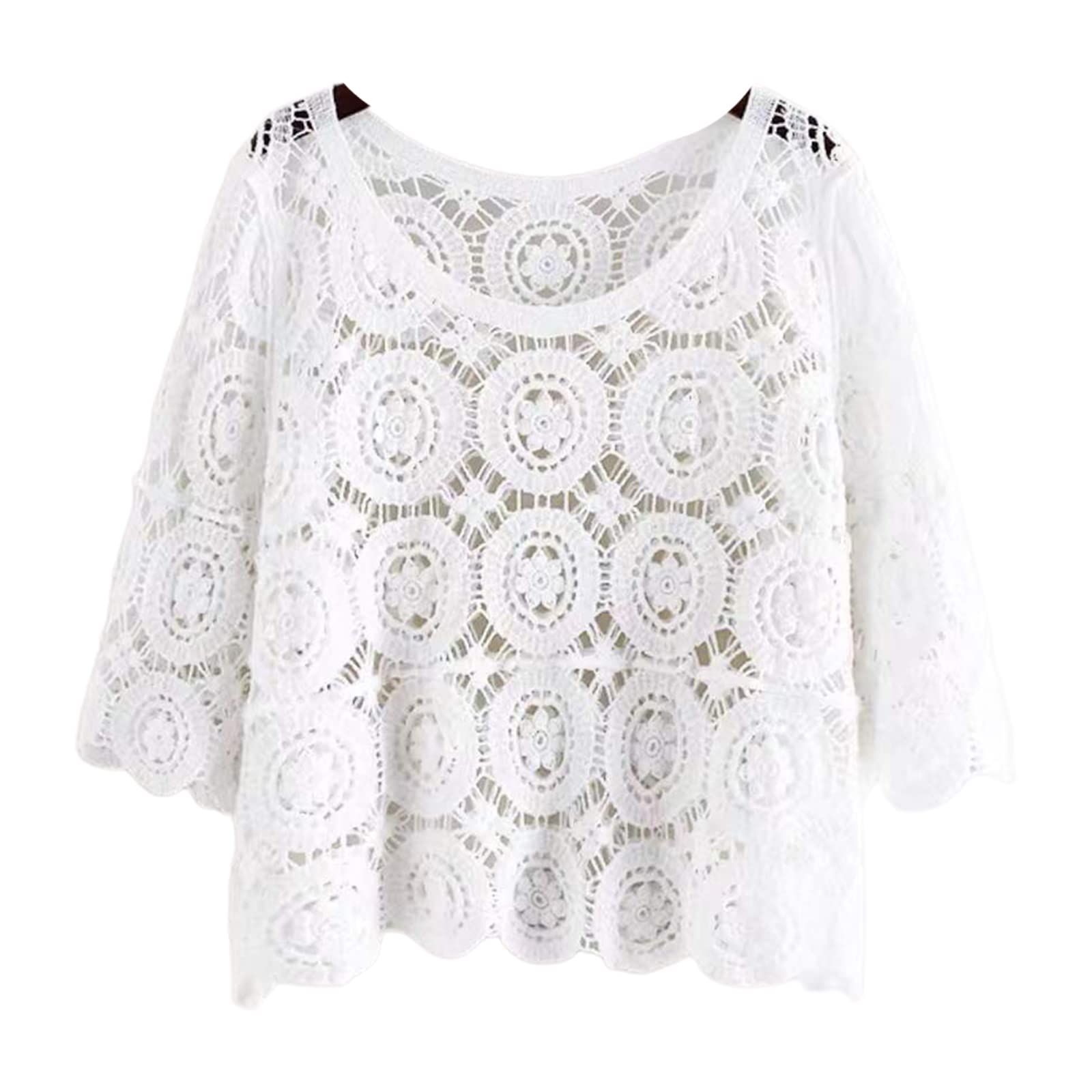 T-shirt d'été à manches 3/4 pour femme - Style bohème hippie - En tricot - Motif floral