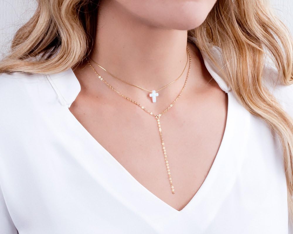 Opal Cross Choker Necklace – Thin Chain, Gold Filled or Silver, Blue or White, 13.5–16.5” - Image 6