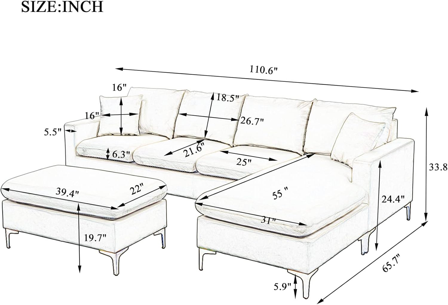 Sectional Sofa with Ottoman, L-Shape Elegant Velvet Upholstered Couch with 2 Pillows for Living Room Apartment