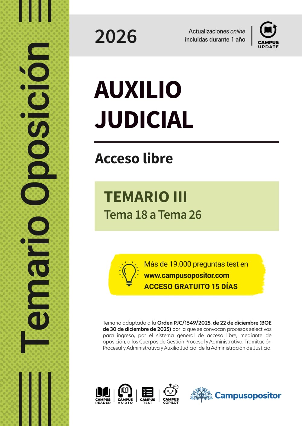 TEMARIO: Cuerpo de Auxilio Judicial de la Administración de Justicia 2026. TOMO III: Acceso libre: TEMA 18 a TEMA 26