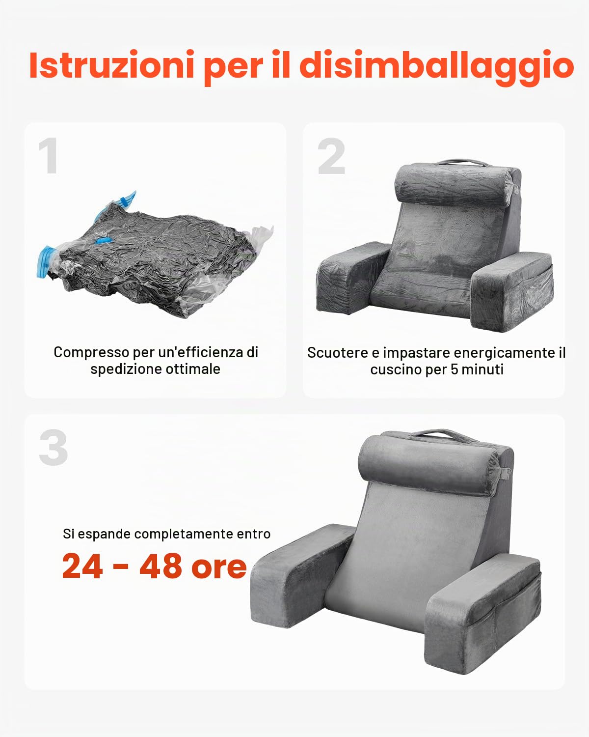 VEVOR Cuscino da Lettura per Schienale del Letto con Braccioli e 3 Tasche, Grande Cuscino da Letto con Supporto per Collo Rimovibile e Spugna 25D, per Leggere, Giocare, Riposare, Lavorare, Grigio