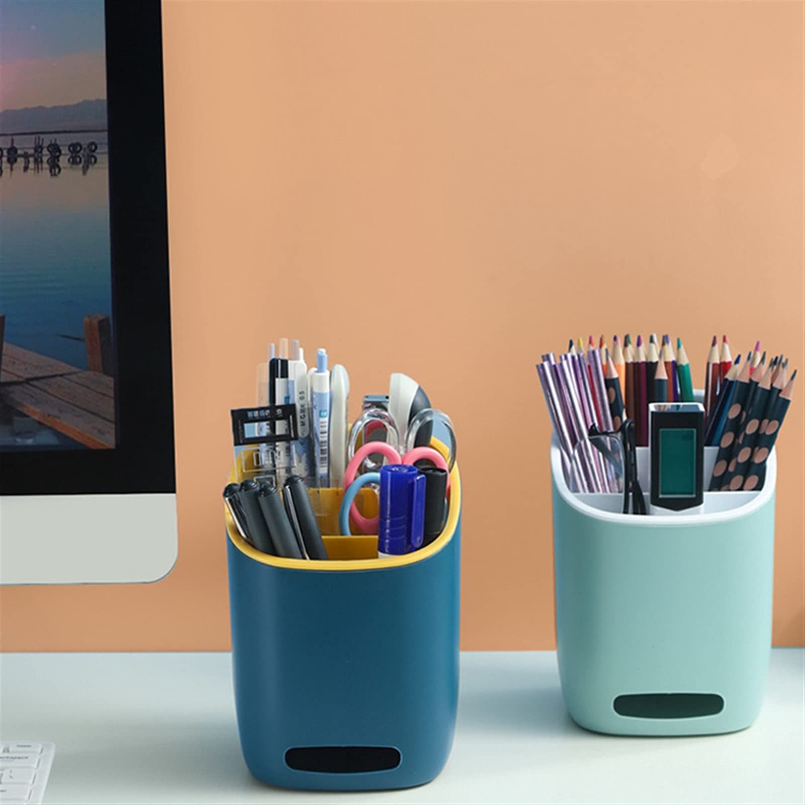 Pot à crayons multifonction en plastique PP - Boîte de rangement pour crayons et maquillage - 3 grilles - Organiseur de bureau - Porte-crayons
