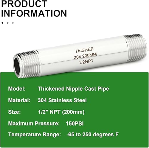 Miniatura 634 de TAISHER 2 accesorios de tubería de acero inoxidable, 1/2 "NPT x 1/2" NPT macho roscado, tubo fundido de pezón de 6 pulgadas de longitud 1.969 in