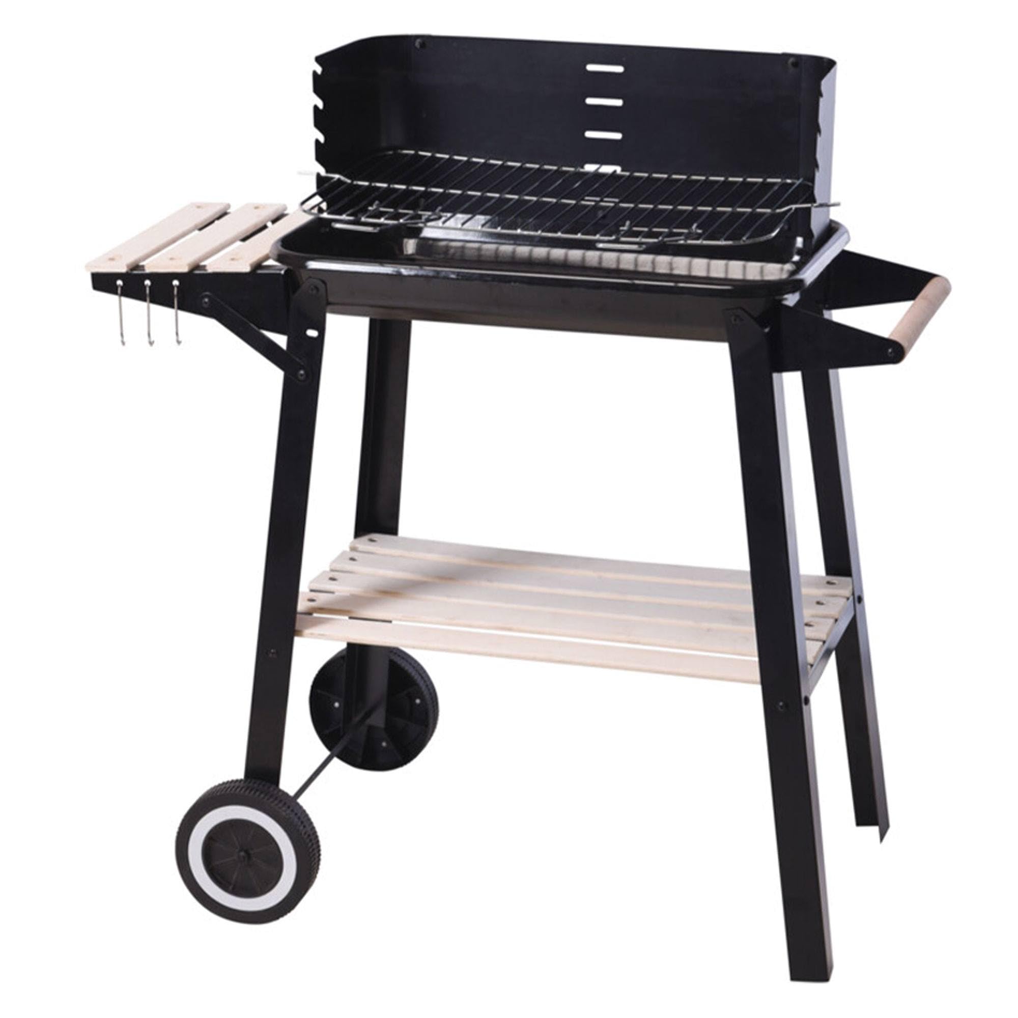 Well Home Barbacoa de Carbón Rectangular con Estantes de Madera FSC con Parrilla Cromada 45x24 cm - Barbacoa de Jardín con Cortavientos y Ruedas