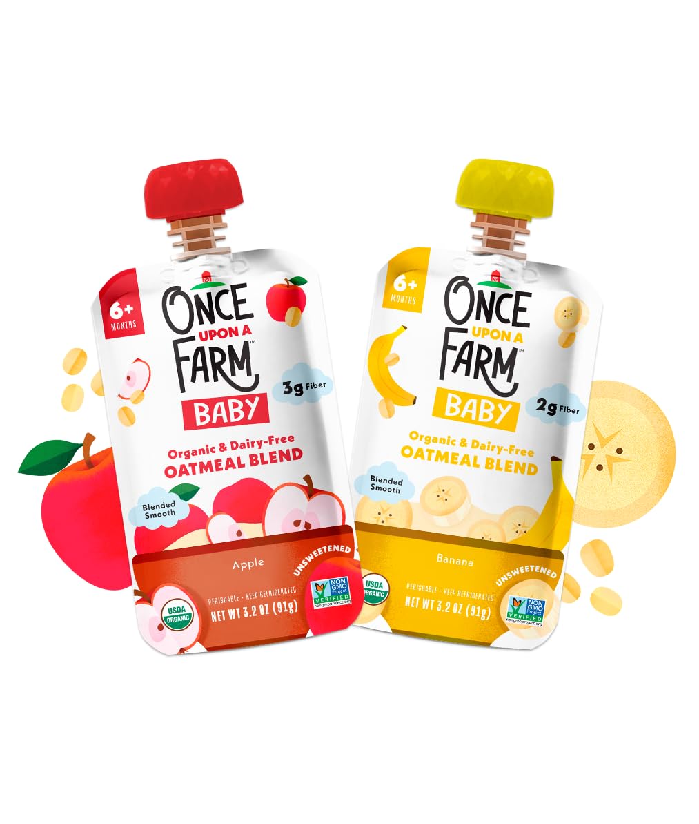 Once Upon a Farm | Baby Oatmeal | Apple Baby Oatmeal Blend, Banana Baby Oatmeal Blend | Unsweetened | Variety Pack of 24