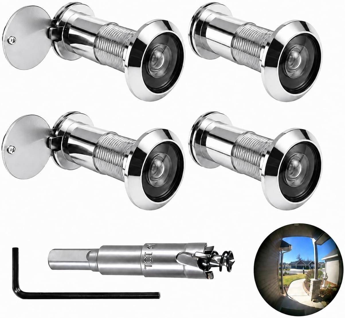 4 Pack Door Peephole Kit with 16mm Hole Saw and Hex Wrench | 220° wide-angle viewing, adjustable 39–59 mm fit and interior privacy covers for apartments, rentals and offices