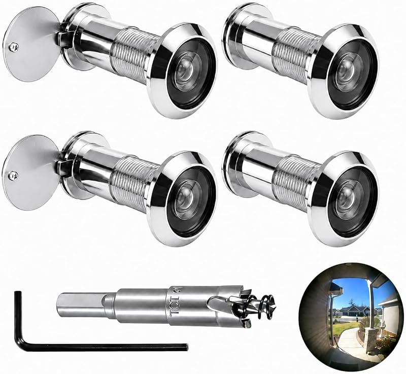 4 Pack Door Peephole Kit with 16mm Hole Saw and Hex Wrench | 220° wide-angle viewing, adjustable 39–59 mm fit and interior privacy covers for apartments, rentals and offices