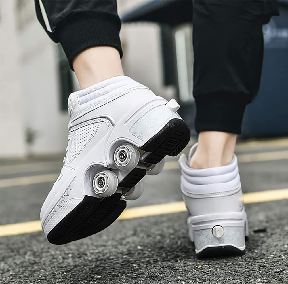 Scarpe con Ruote 2 in 1 per Bambini e Ragazzi, Skateboard, Scarpe da Ginnastica Multiuso, Pattini a Rotelle Quad, Moda, Regalo di Compleanno, Unisex, Bianco, 35 EU