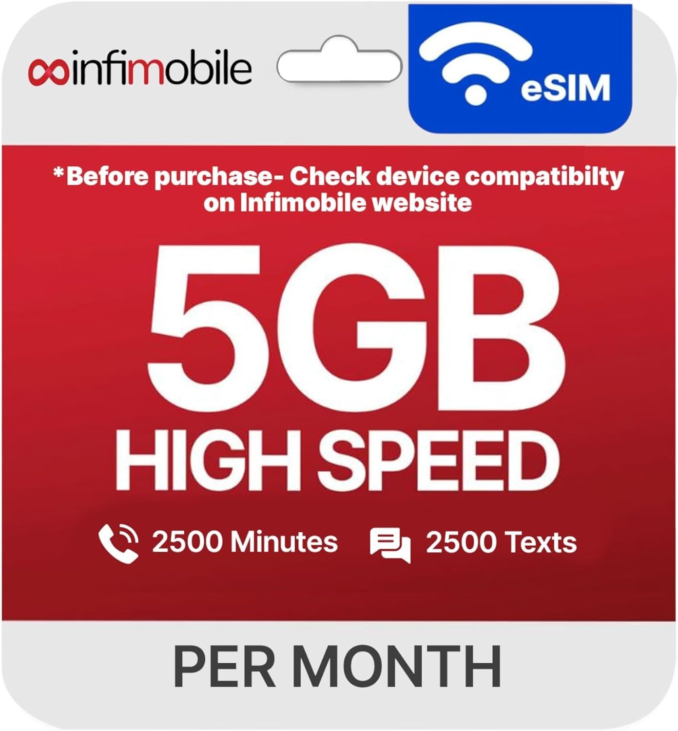 $15/Month | Infimobile Prepaid Plan: 12 Months V Network | 5GB High-Speed Data Per Month | 2500 Minutes and 2500 Text| Prepaid Plan eSIM USA, Quick Activation | Nationwide Coverage | 4G, 5G Network