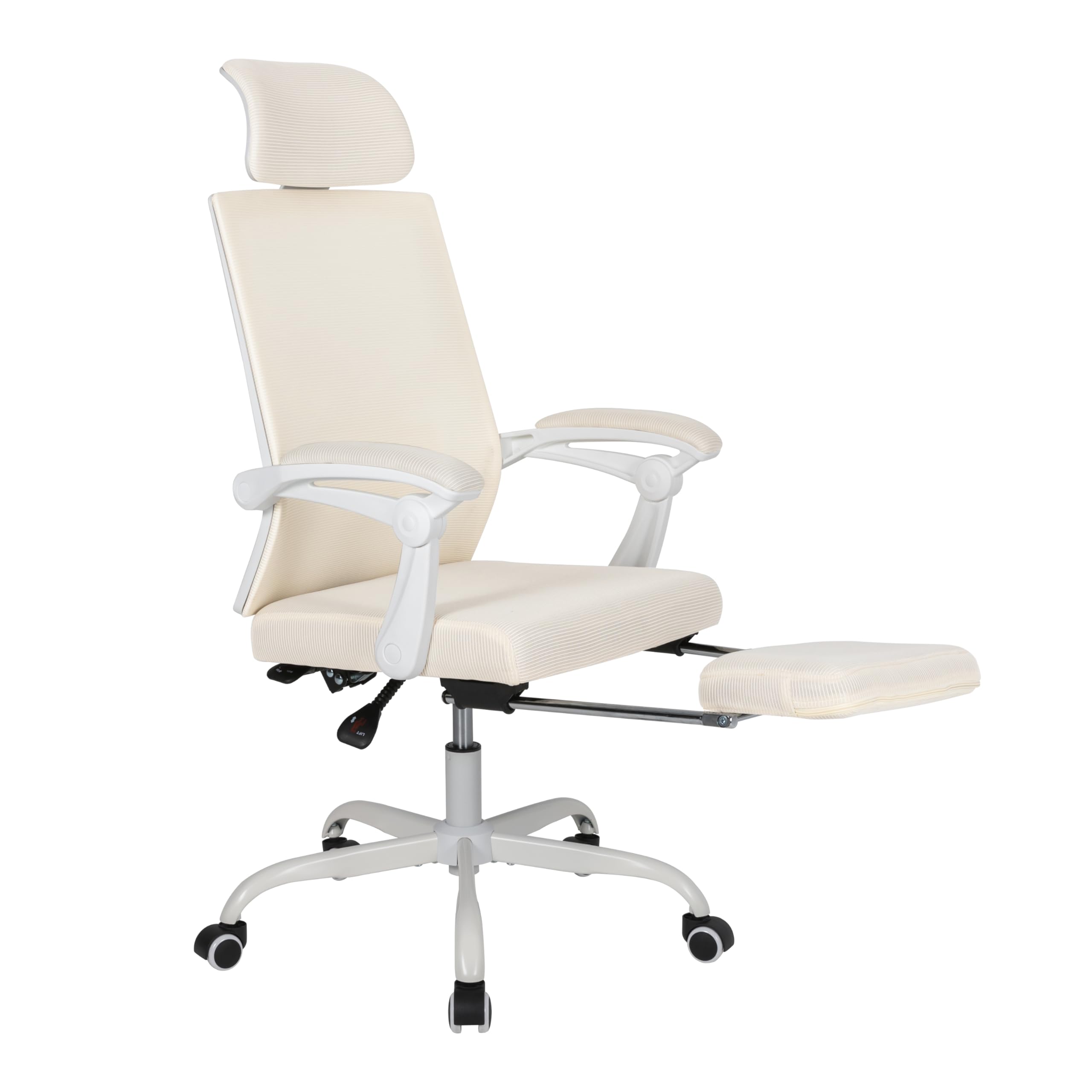 UEV Ergonomisch Bürostuhl aus Mesh, Schreibtischstuhl mit Fußstütze, Drehstuhl mit Verstellbarer Kopfstütze Lendenwirbelstütze, höhenverstellbar neigbar bis 135°, atmungsaktiver Stoff, Beige