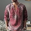Linen Shirt Men's Short Sleeve Relaxed Fit Henley Shirt Men Retro Ethnic Casual Shirt Summer Beach Patterned Grandad Shirt Men's Stand-Up Collar Long Sleeve Shirt with Floral Print, red, XXXXX-Large #2