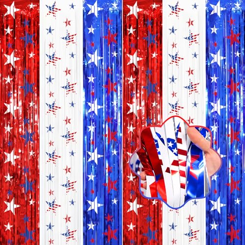 Image of 4th of July Independence Decorations, 2 Pack Red White Blue Star printed Foil Fringe Curtains for Patriotic Memorial Day Day Decor, Citizenship Party Supplies, Backdrop Streamers, 3.3 x 6.6 FT