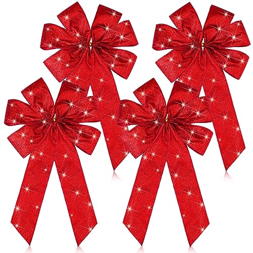 4 Pcs Christmas Red Bow for Tree Wreath 21.7 x 9.8 Inch Large Xmas Red Wreath Burlap Bow Christmas LED Lights Tree Ornaments Winter Door Wall Decor Xmas Tree Topper for Indoor Outdoor Home Decoration