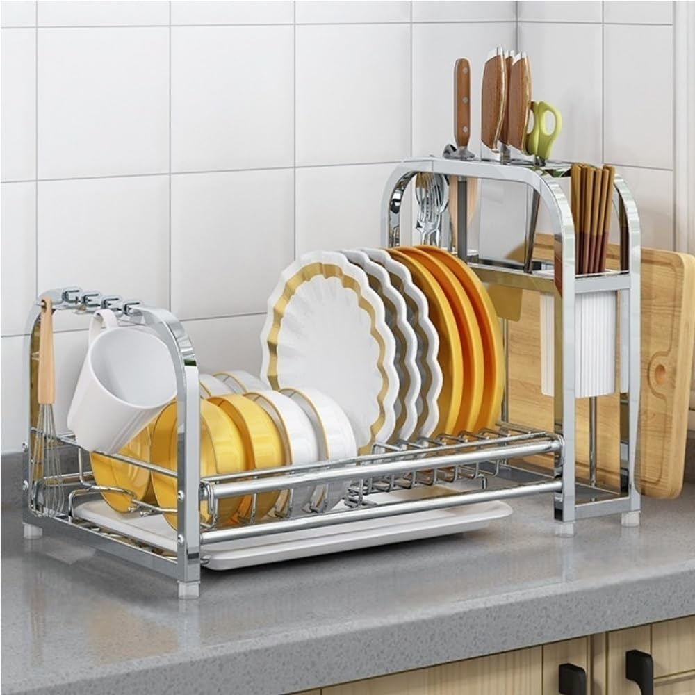 Goxyffmnv Drain Rack Above Sink, Dish Drain Rack, Metal Dish Rack, Drying Rack with Removable Drain Board, Cutlery Storage Rack for Restaurant, Kitchen Sink(Silver)