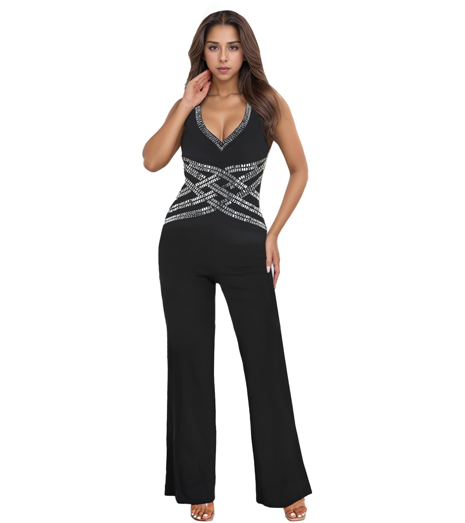 PORRCEY Sexy Jumpsuit for Women Sparkly Rhinestone Mesh See Through Hot Drilling Process Bodycon Party Club Night Romper