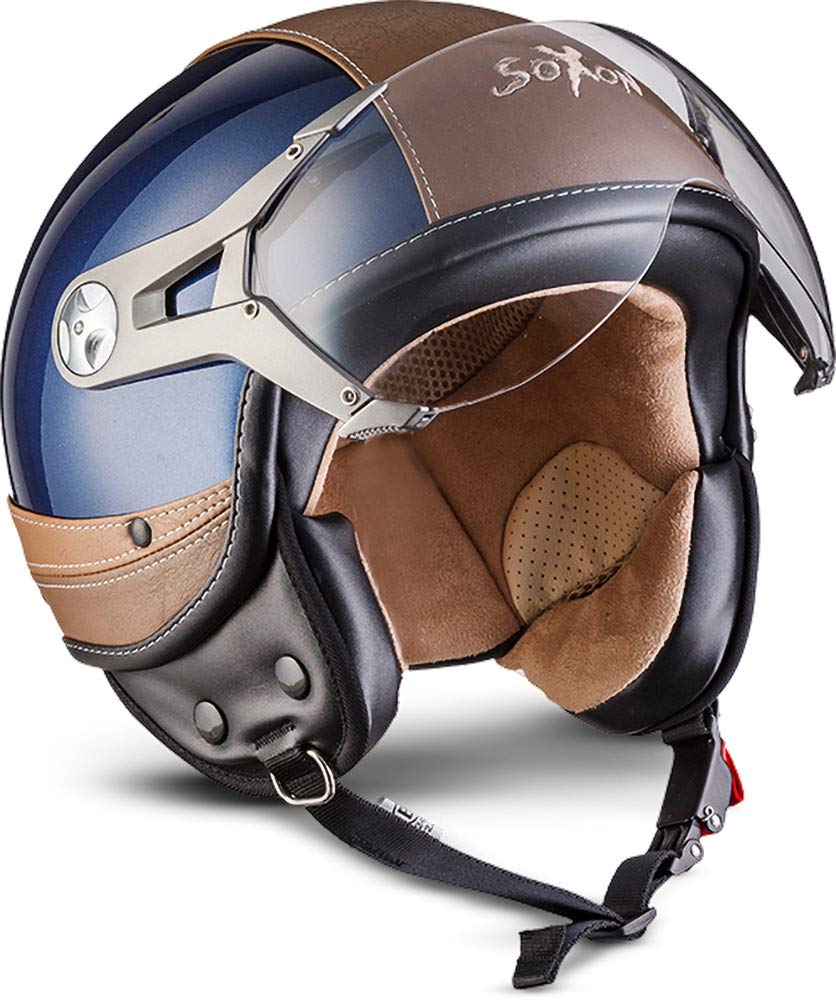 Soxon® SP-325 Urban „Blue“ · Jet-Helm · Motorrad-Helm Roller-Helm Scooter-Helm Moped Mofa-Helm Chopper Retro Vespa Vintage Pilot · ECE 22.05 Visier Leather-Design Schnellverschluss Tasche XS (53-54cm)