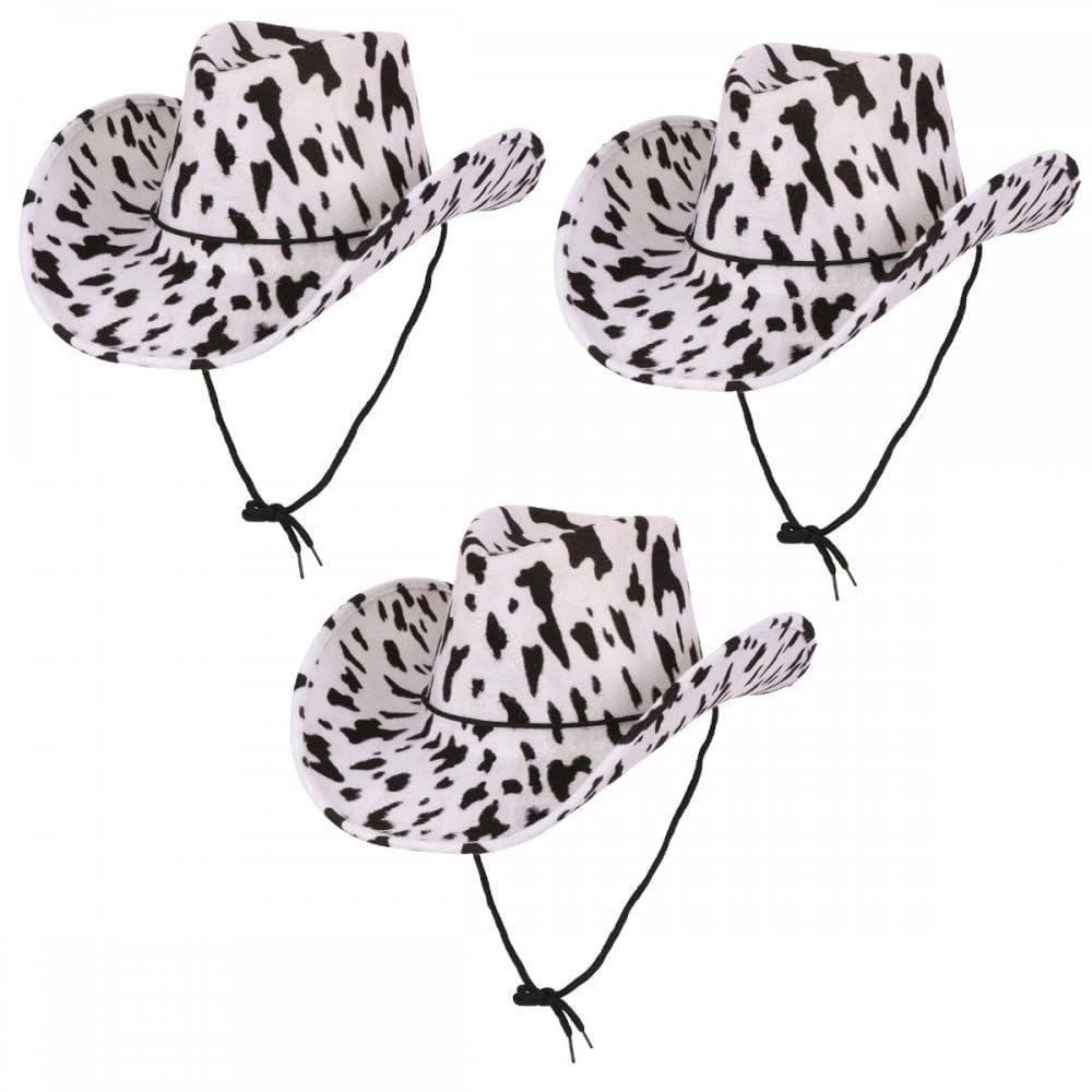 Titch & Timbo Texan Cowboy Cowgirl Hat 3 Pack (Multiple Options) : Adult Unisex Fancy Dress Party Accessory Country Western Rancher Rodeo Wild West Music Festival (Cowprint (3))