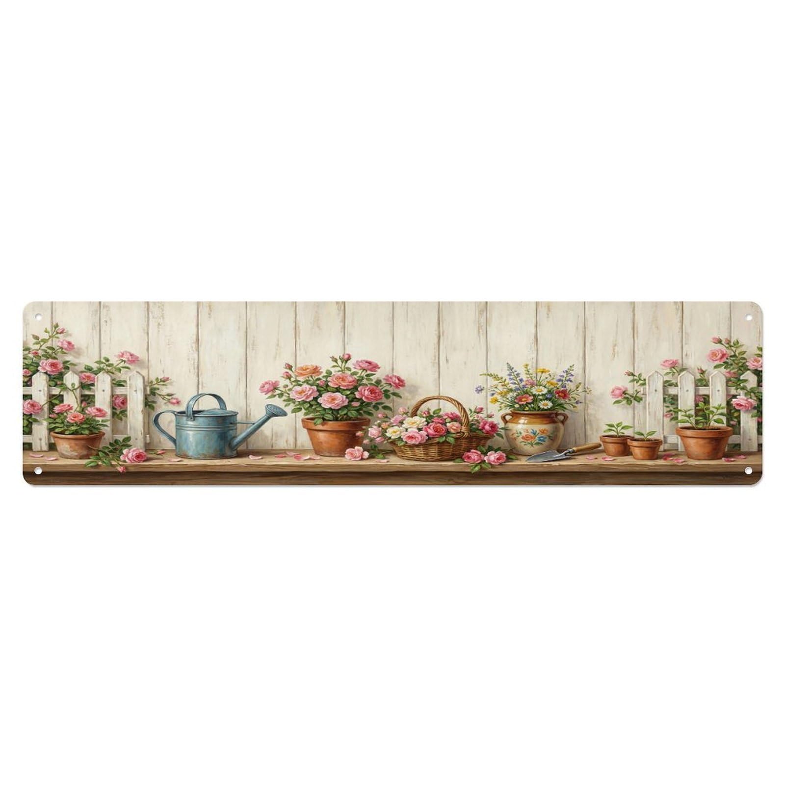 Floral Garden Tools White Picket Pattern Print Metal Tin Sign