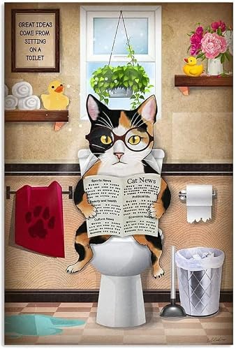 12"x16" Calico Cat Read Newspaper Toilet Bathroom Funny Art Picture Poster Metal Sign Wall Decor