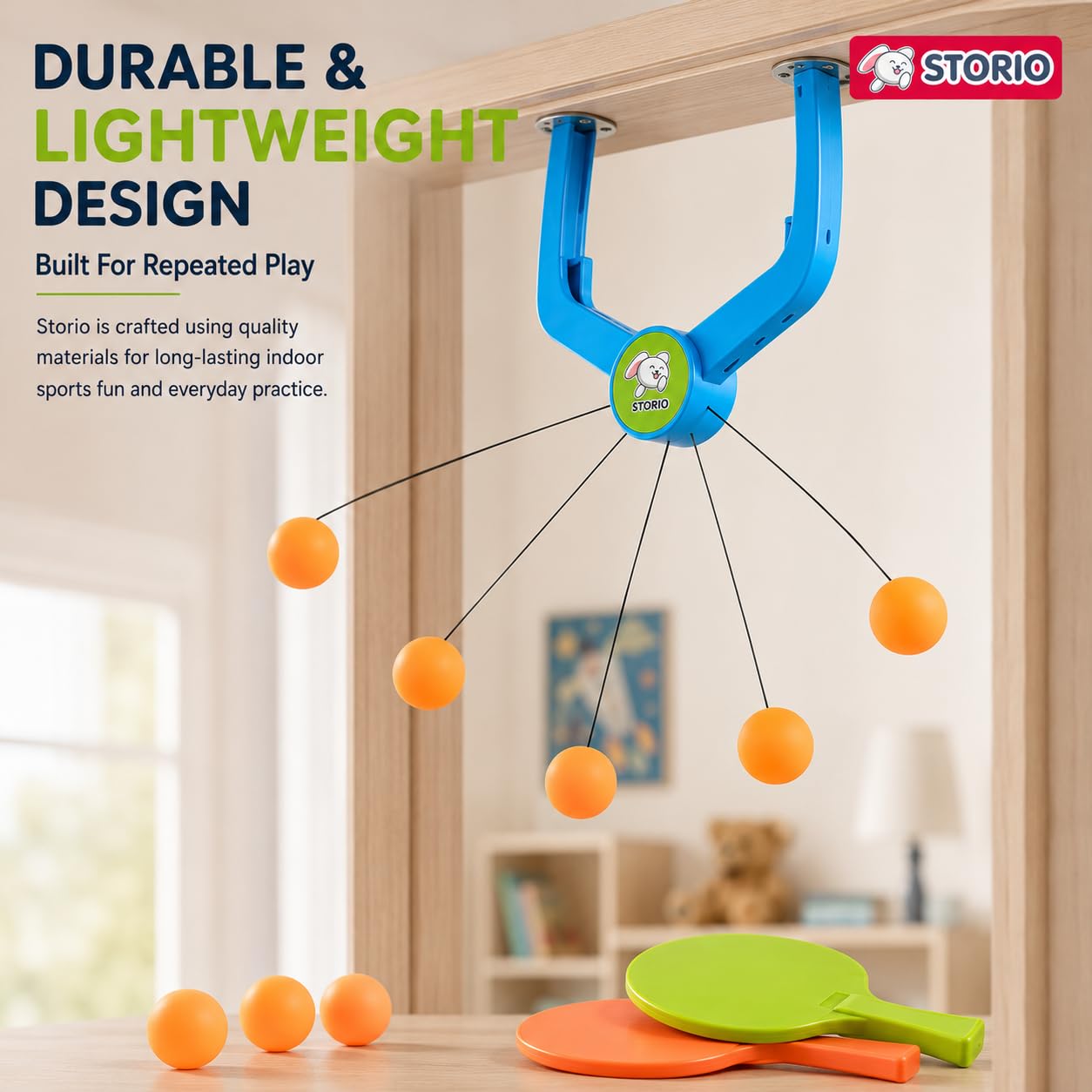 Storio Hanging Table Tennis Trainer, Door Mounted Ping Pong Training Set with 2 Rackets and 5 Balls, Indoor Reflex Training Toy for Boys and Girls Age 5-14 Years — Amazon image 5
