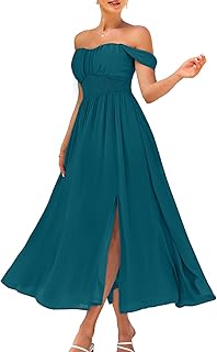 2025 Women's Summer Floral Print Flowy A Line Maxi Dresses Sleeveless Smocked Off Shoulder Dress - Buy now