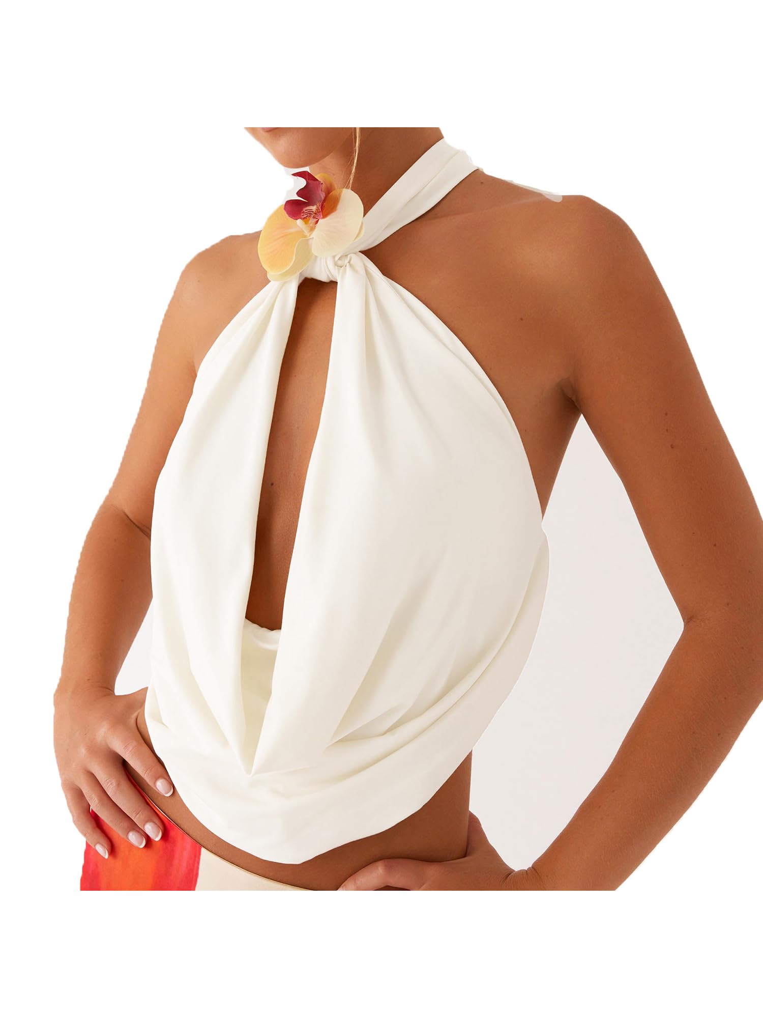 Acrawnni Women Backless Halter Neck Cami Tops Sleeveless Open Back Deep V Neck Slim Fit Tank Tops Y2K Summer Clubwear (F-White, S)