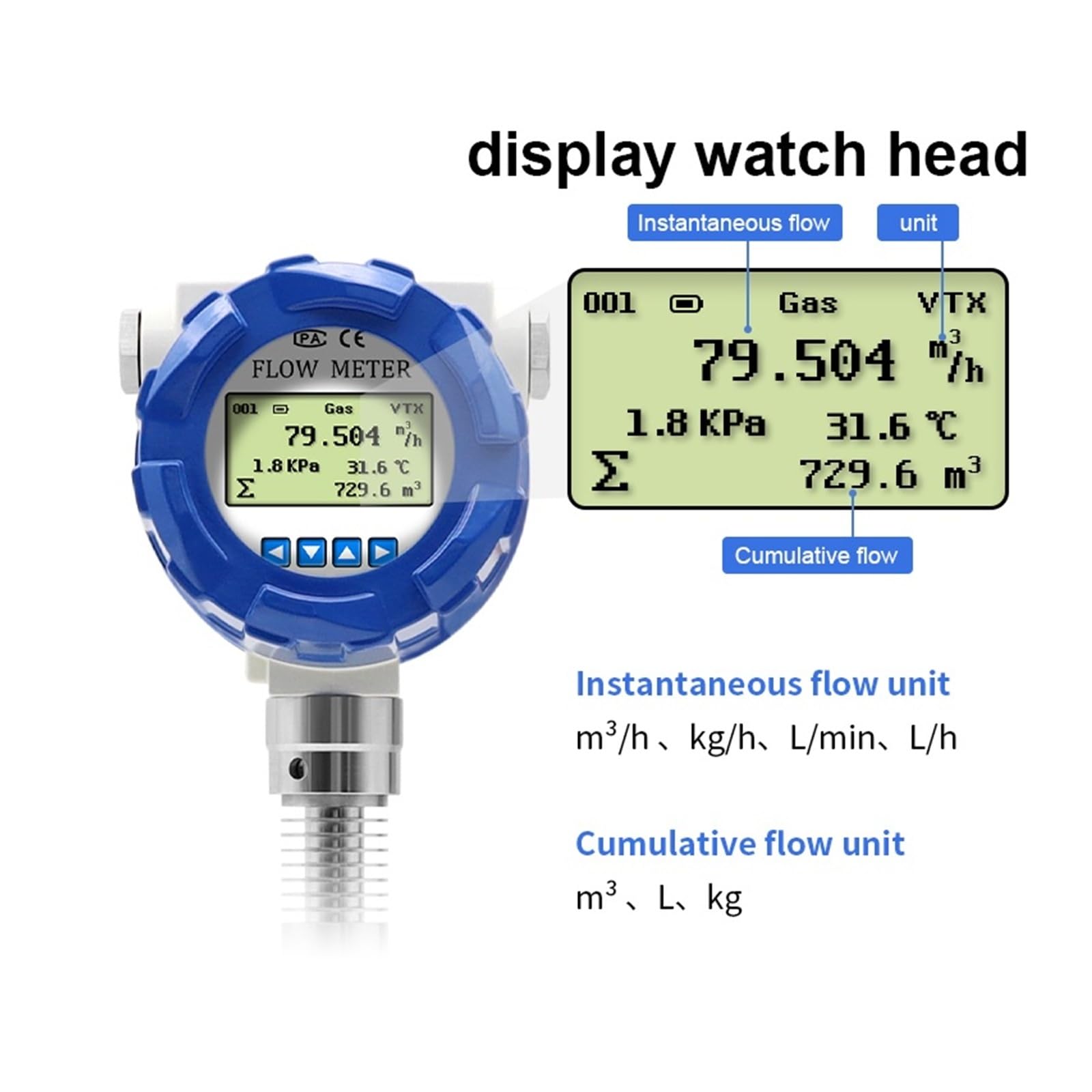 Caudalímetro Vortex con conexión de abrazadera y compensación de temperatura y presión for líquidos y gases(DN15)
