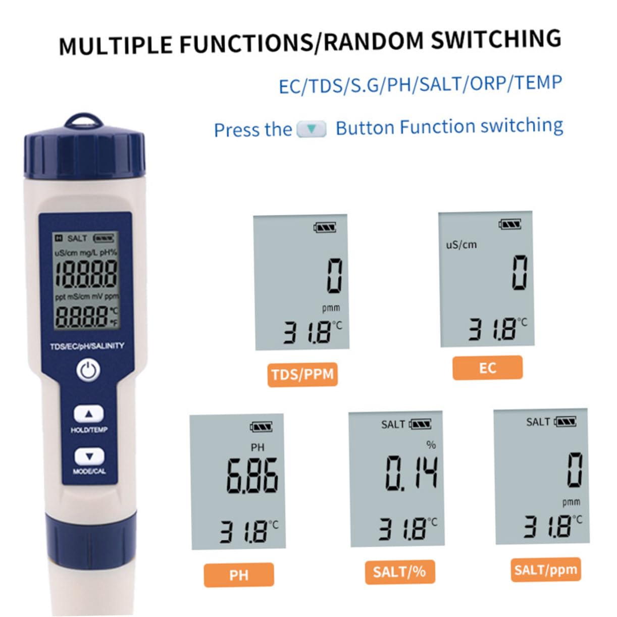 Gatuida Salinity Tester for Water Digitale 5 in 1 per Acquario | Sonda ad Alta Sensibilità, Corpo Plastico, 3 Batterie Lr44 Incluse, Monitoraggio per Piscina e Acquacoltura