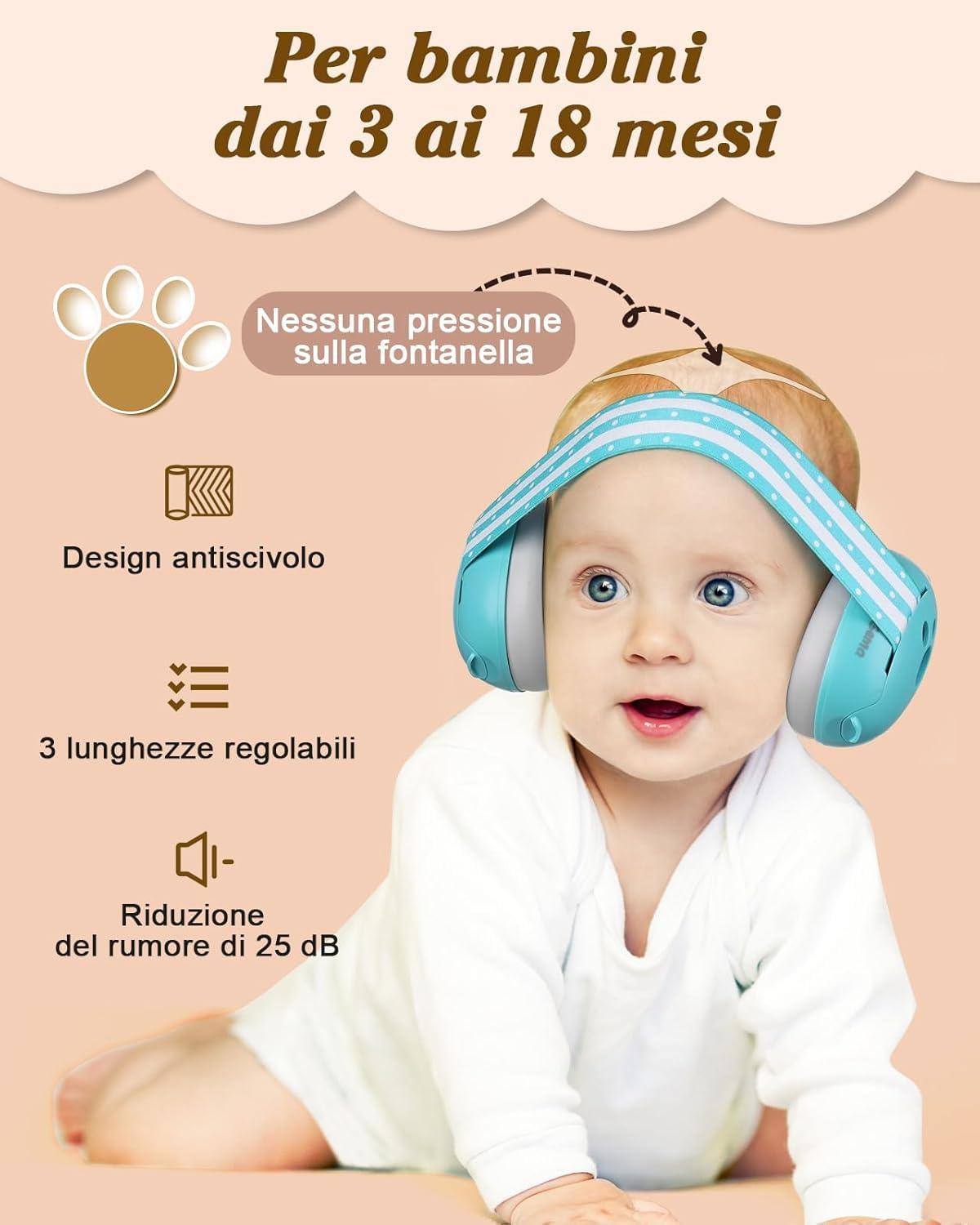 Generico 2 in 1 Cuffie Neonato Antirumore -25dB,Protettori acustici per neonati, archetto regolabile, antiscivolo e antistress, protezione acustica ideale per neonati fino a 48 mesi