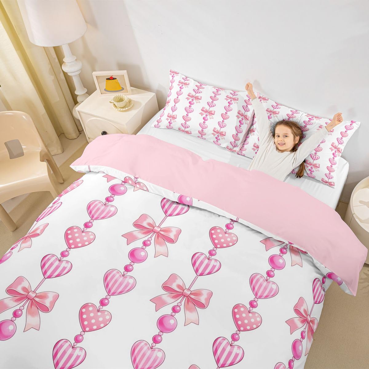 Homewish Kokarda w paski kropki dziewczęcy różowy super king zestaw pościeli księżniczka kawaii kokardka poszewka na kołdrę wstążka poszewka na kołdrę geometryczne marzycielskie urocze