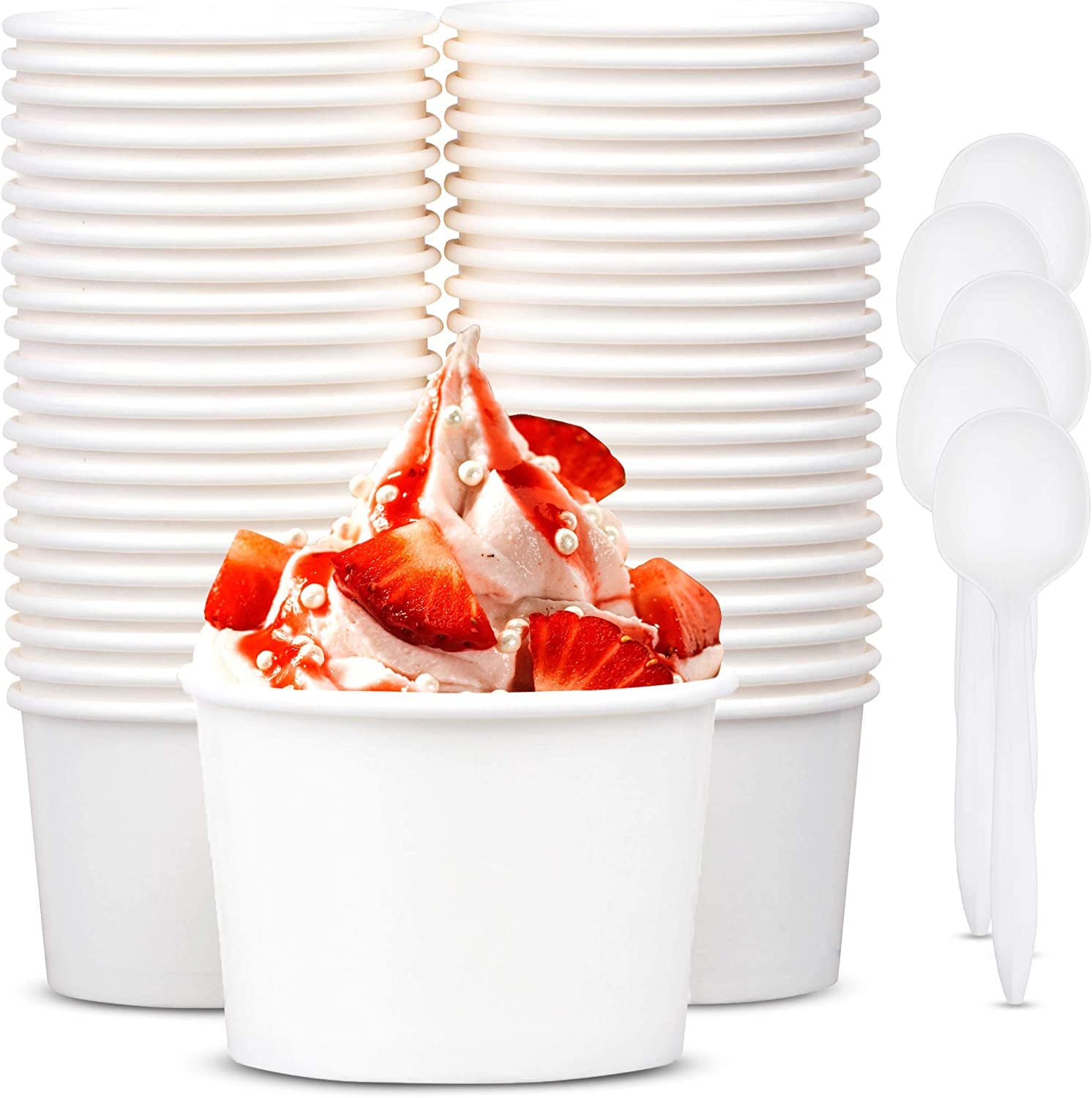 LATERN 50 Pezzi Coppe Gelato di Carta con 50 Pezzi Cucchiai , 12 Once /360ml Ciotole di Carta Usa e Getta per Cibi Caldi e Freddi Zuppa Gelato Dessert Yogurt (Bianco)