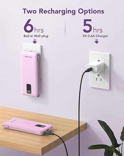 Miniatura 5 de Charmast Cargador portátil con cables integrados y enchufe de pared de CA, banco de energía ultra delgado de 10000 mAh, paquete de batería externa,