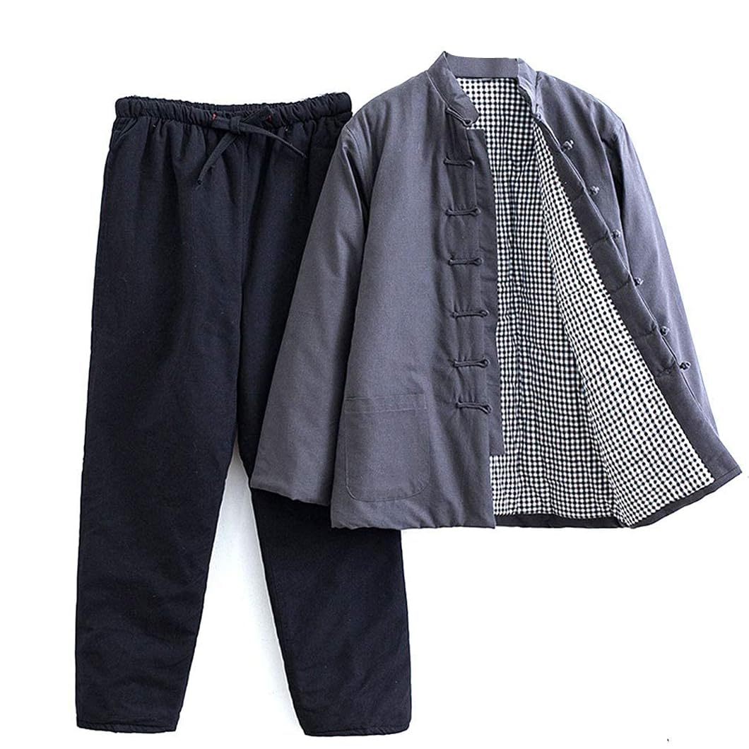 GVILTY Abito Inverno Inverno In Cotone Con Filo Cotone Cinese Abbigliamento Tradizionale Pantaloni a Maniche Lunghe, Uomini Kung Fu Abbigliamento Tops Marziale Arte Ala grey-XL