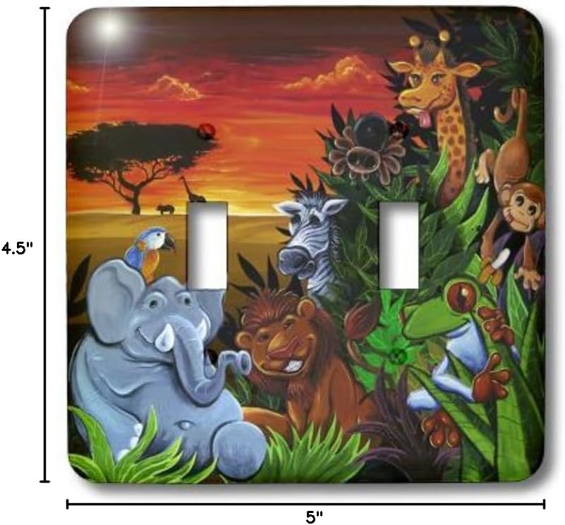 3dRose lsp_53076_2 Jungle Scene with An Elephant Parot Tree Frog Zebra and Giraffe Double Toggle Switch