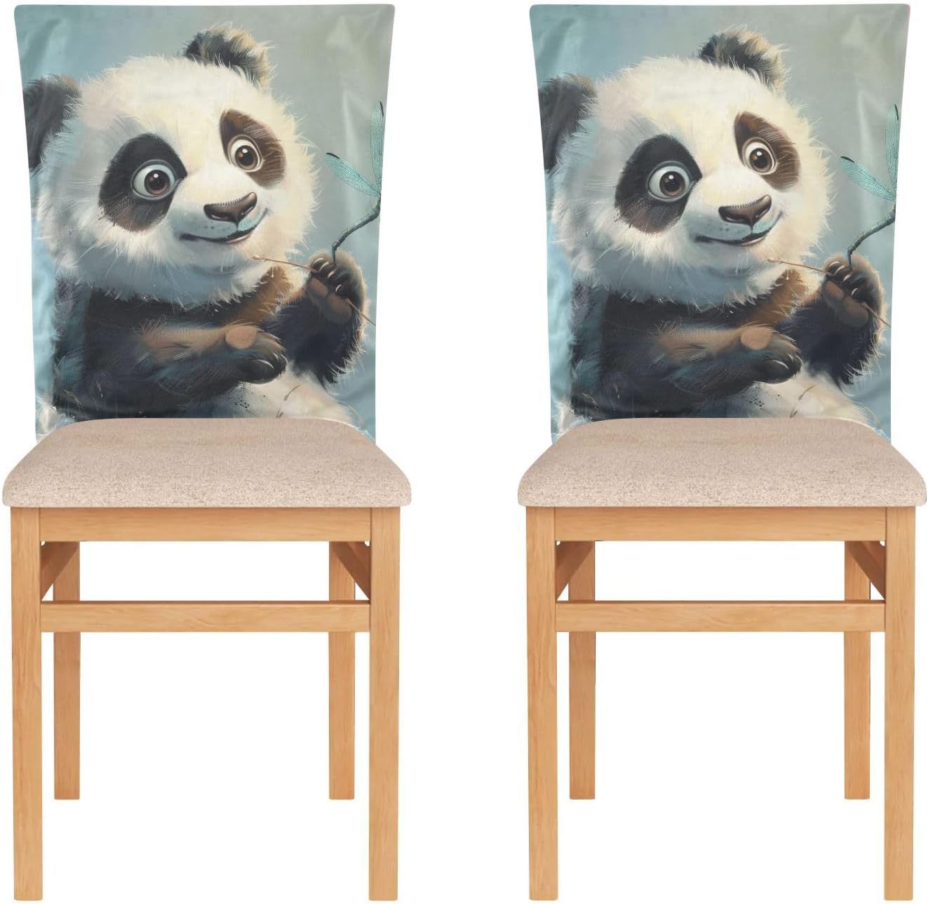 ALAZA Cute Panda Play with Dragonfly Chair Back Cover Set of 6, Washable Reusable Removable Chair Slipcovers Decorative Chair Cover for Home Kitchen Wedding Party