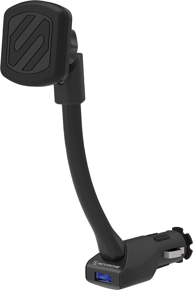Scosche Magnetic Phone Mount for Car, USB Cigarette Lighter Adapter with Phone Holder, 12V Socket Plug-In, Adjustable Arm, Secure Magnet Grip, Built-In USB Charger for iPhone & Android Cell Phones