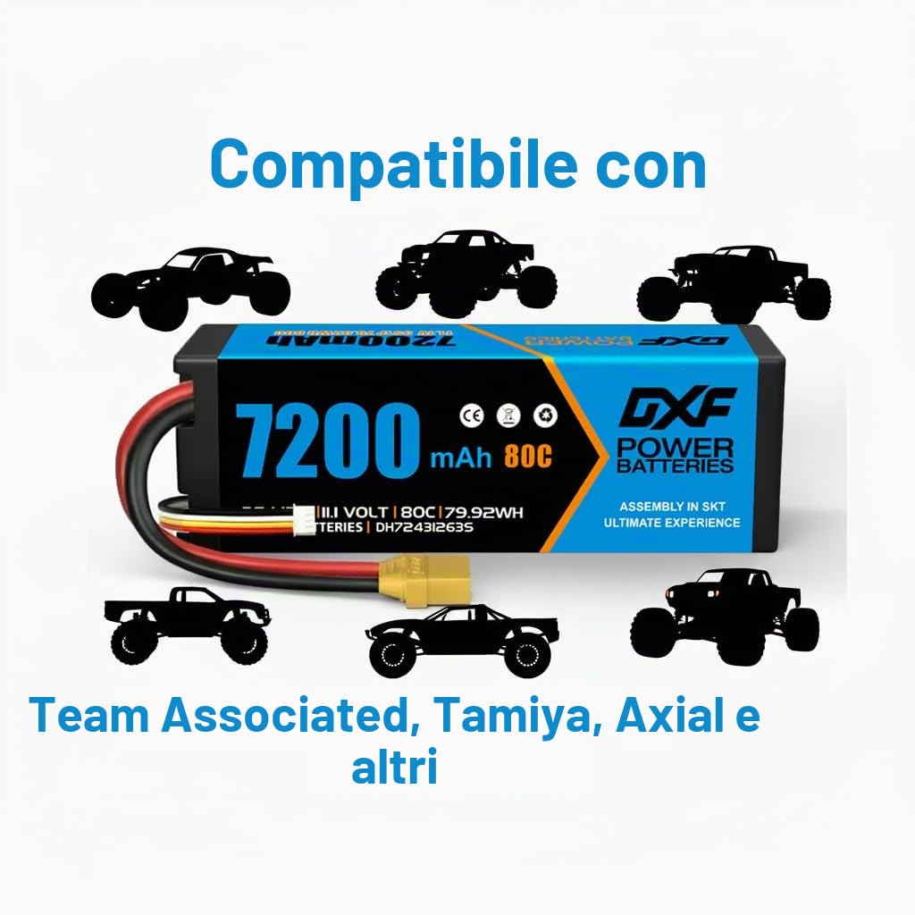 DXF Batteria LiPo 3S 11.1V 7200mAh 80C Spina XT90 Auto RC Aereo Elicottero Truck Buggy 1/8 1/10 Touring Car Alta Capacità Potente Gare Racing Corse Modellismo 1 Pezzo
