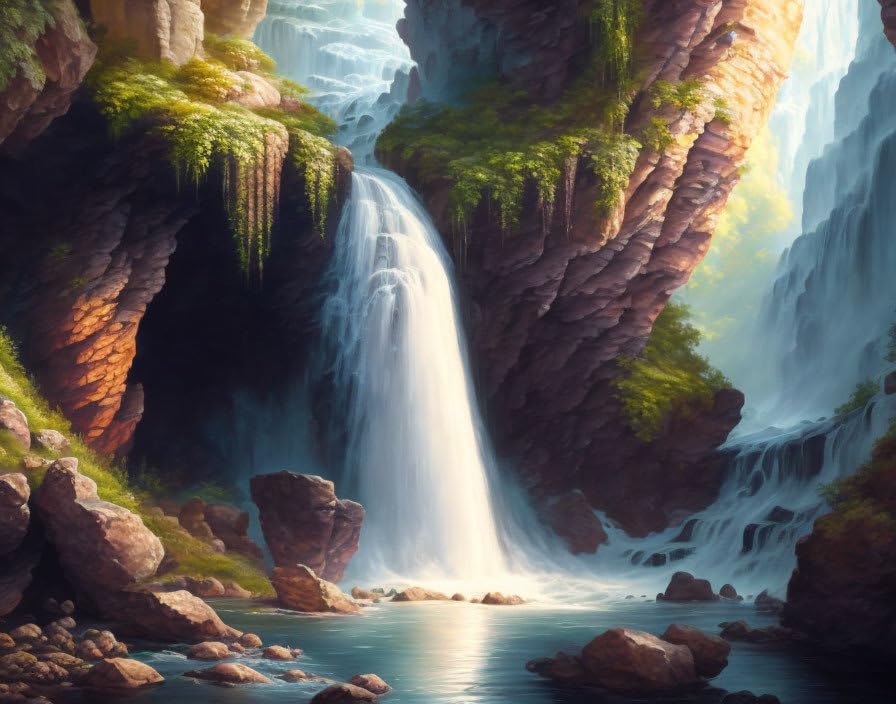 Tableau sur toile cascade et grotte 58 x 90 cm sans cadre