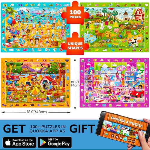 QUOKKA 100 Piece Puzzles for Kids Ages 4-6 – 4xSET Search and Find Kids Puzzles Ages 5-8 – Artist-Crafted Illustrations with Children Daily Life, Hidden Objects - Educational Activity Toy Gift by QUOKKA - Image 5