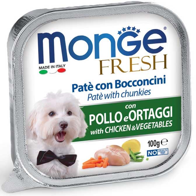 Monge Fresh fruit umido per cani di tutte le taglie con frutta, gusto POLLO con ORTAGGI | 6 vaschette da 100 grammi l'una.