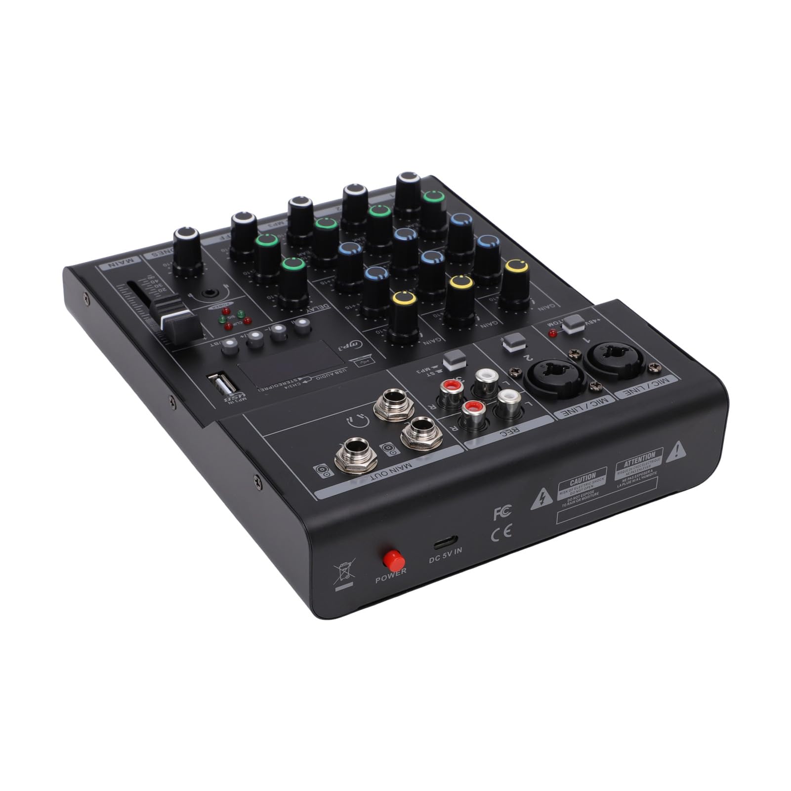 4-Kanal-Mini-Audio-Mixer, BT MP3 USB 48 V Phantomspeisungs-Mixer, Integrierter Gitarrenverstärker- mit DJ-Mischbrett-Design, Ideal für Mikrofone, Gitarren, Keyboards und Studioaufnahmen