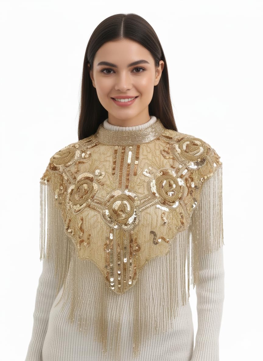 Liva Elegant Embroidered Cape Shrug for Women, Hand Beaded Net Poncho Top, Gold Floral Pattern, Free Size-picture-47