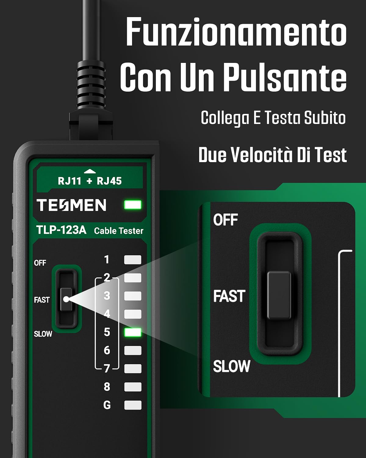 TESMEN TLP-123A Tester per cavi di rete RJ11 RJ45, strumento per cavi Ethernet CAT5/CAT5E/CAT6/CAT6A/CAT7/UTP&STP, test di continuità LAN e TEL, adatto per la manutenzione dei cavi - Verde