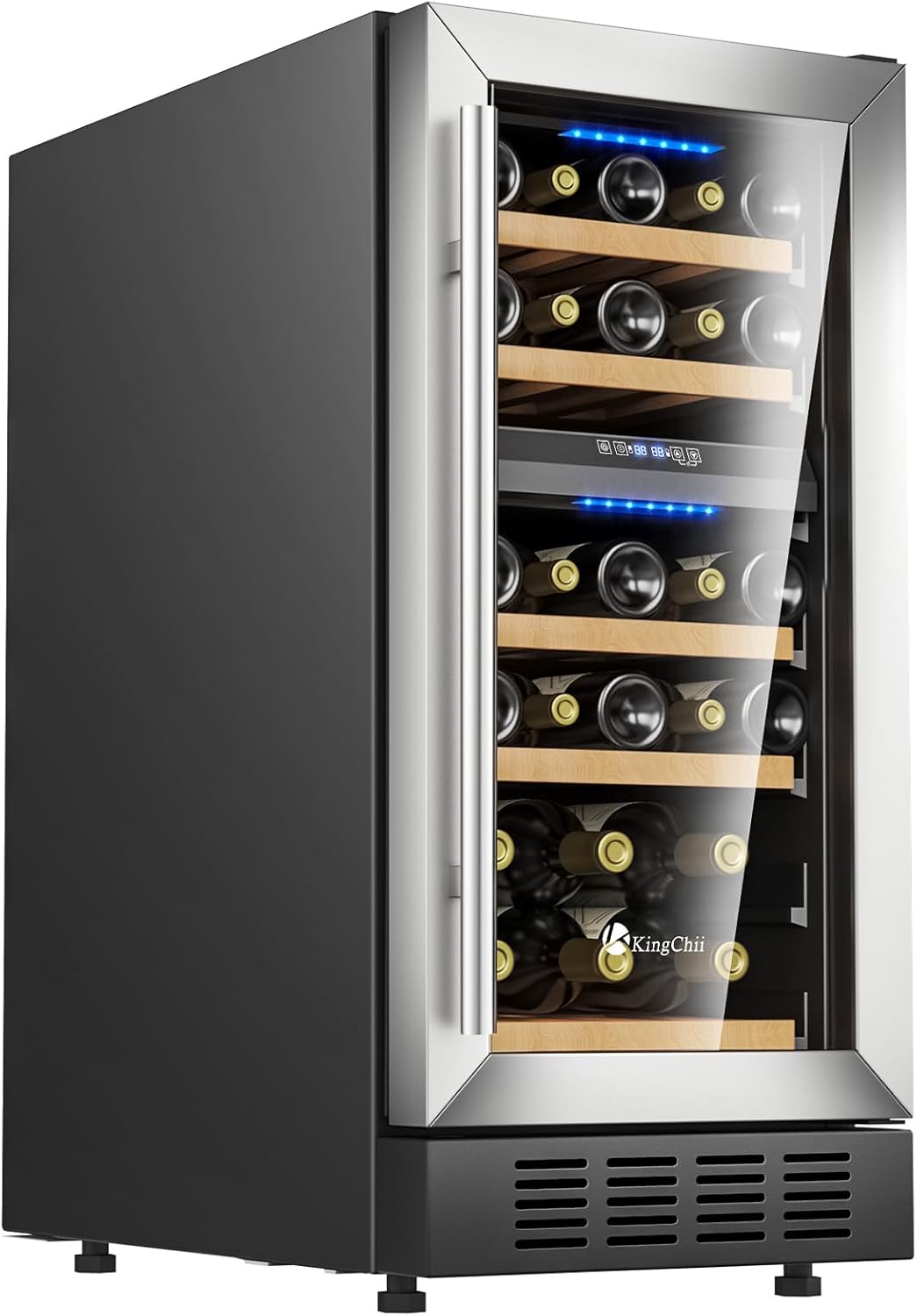 KingChii 15 Inch 26 Bottle Dual Zone Wine Cooler Refrigerator Professional Compressor, Stainless Steel & Tempered Glass For Red Wine, Champagne - Built-in or Freestanding for Home, Kitchen, or Office