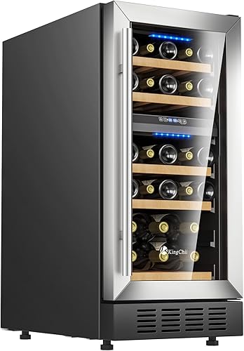 KingChii Refrigerador de vino de doble zona de 15 pulgadas, con 26 botellas, compresor profesional, acero inoxidable y vidrio templado para vino