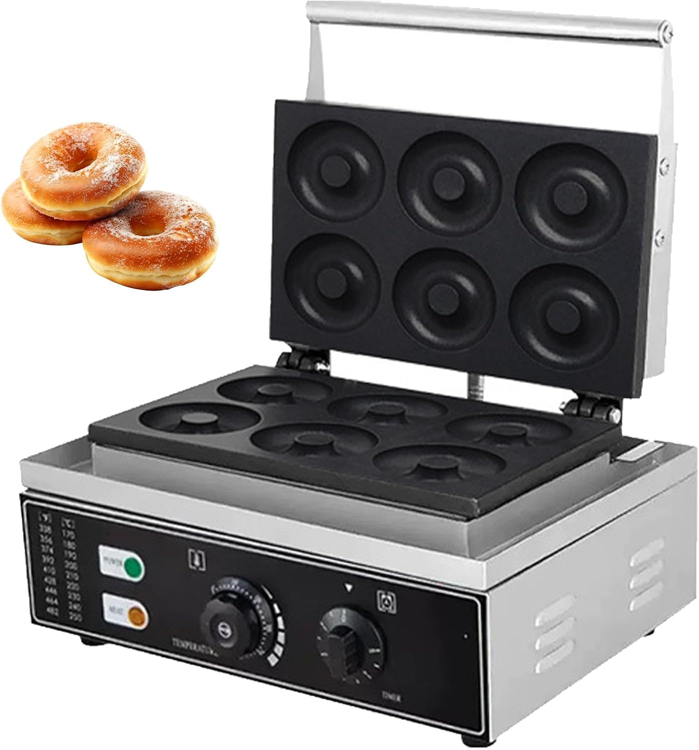 à donuts électrique professionnelle 1550 W, revêtement antiadhésif double face, température réglable de 50 à 300 °C, idéale les boulangeries et les cafés. (6-Hole)