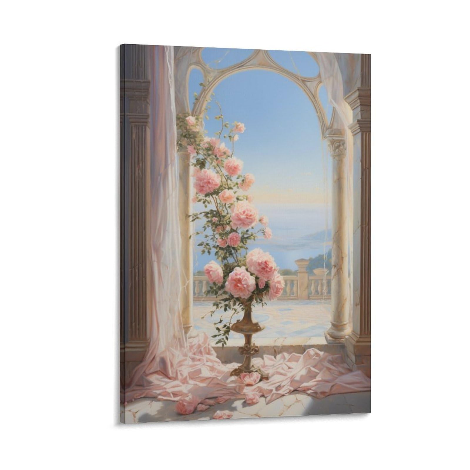 AYAROS Romantic Pink Flowers Wall Art Canvas Poster Sweet European Castle View Wall Decor Poster Dormitory Decor Painting Art Framed 24x36 inch