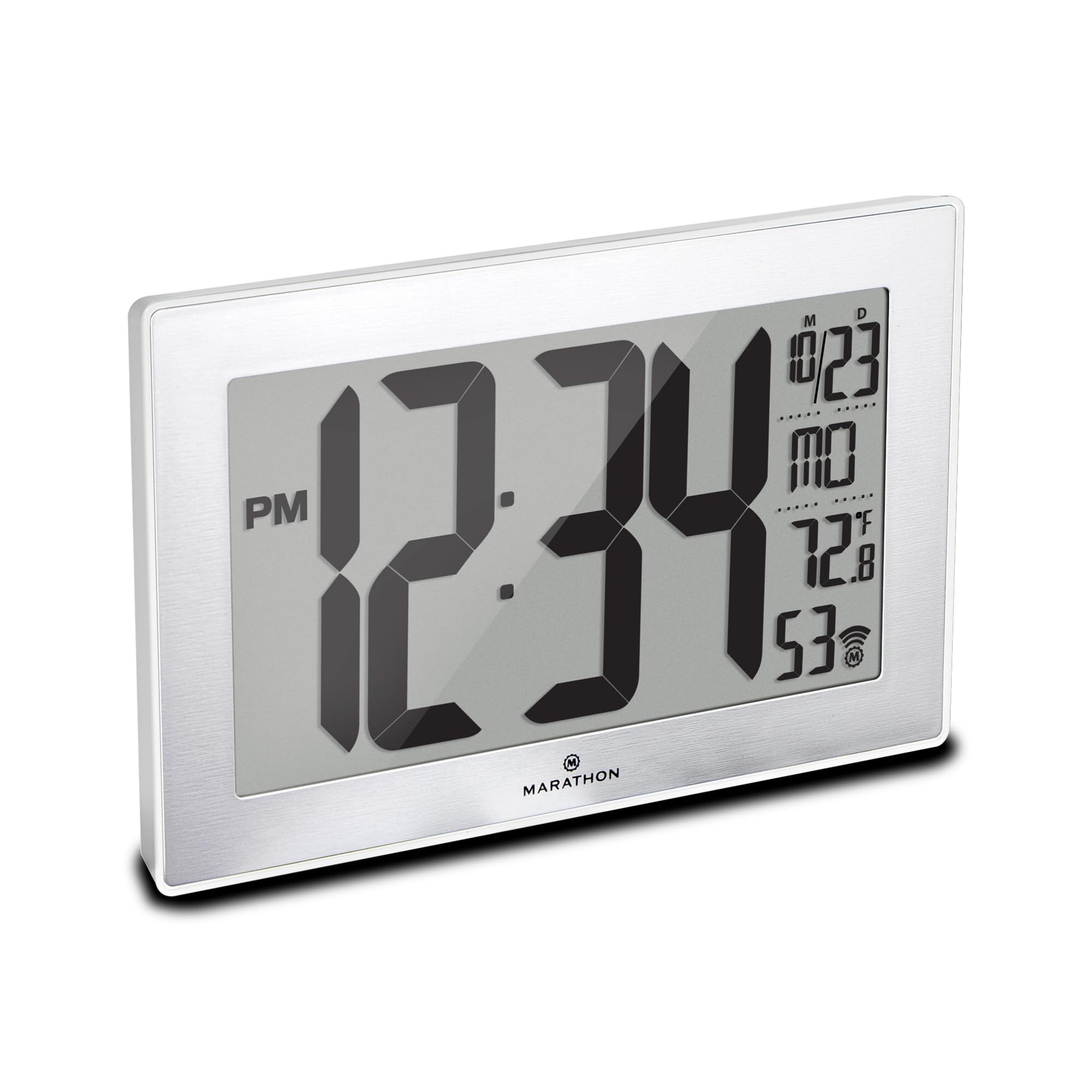 MARATHON Atomic Wall Clock with Stand, White Frame/Stainless Steel Finish - Large, 9-Inch Display - AM/PM or 24-Hour Time Format, Eight Time Zones & Indoor Temperature - Two AA Batteries Included