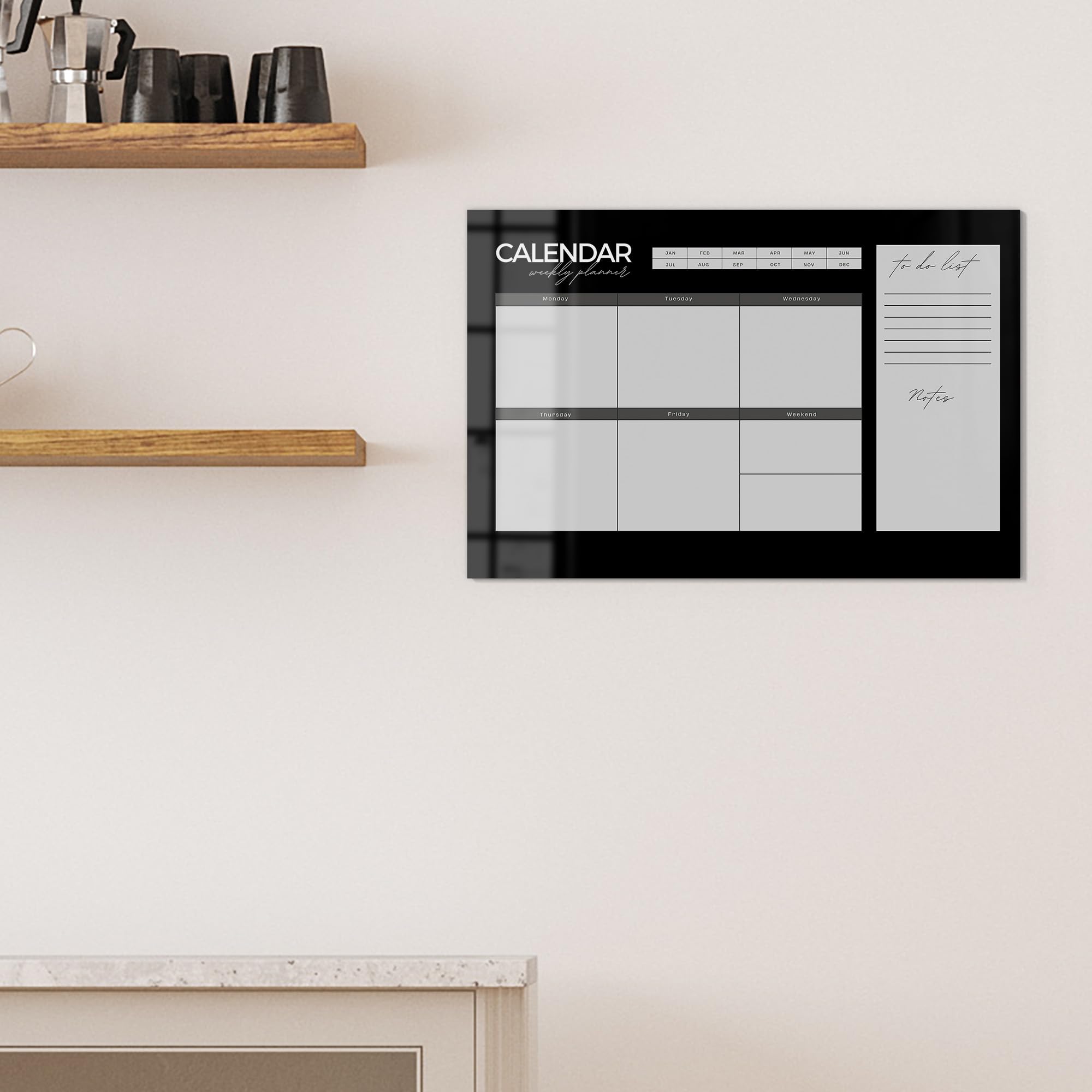 DEQORI Pizarra magnética de cristal, 60 x 40 cm, diseño "planificador semanal negro (EN)", pizarra magnética de cristal, incluye imanes, bolígrafo y paño para cocina y oficina, pizarra magnética y se